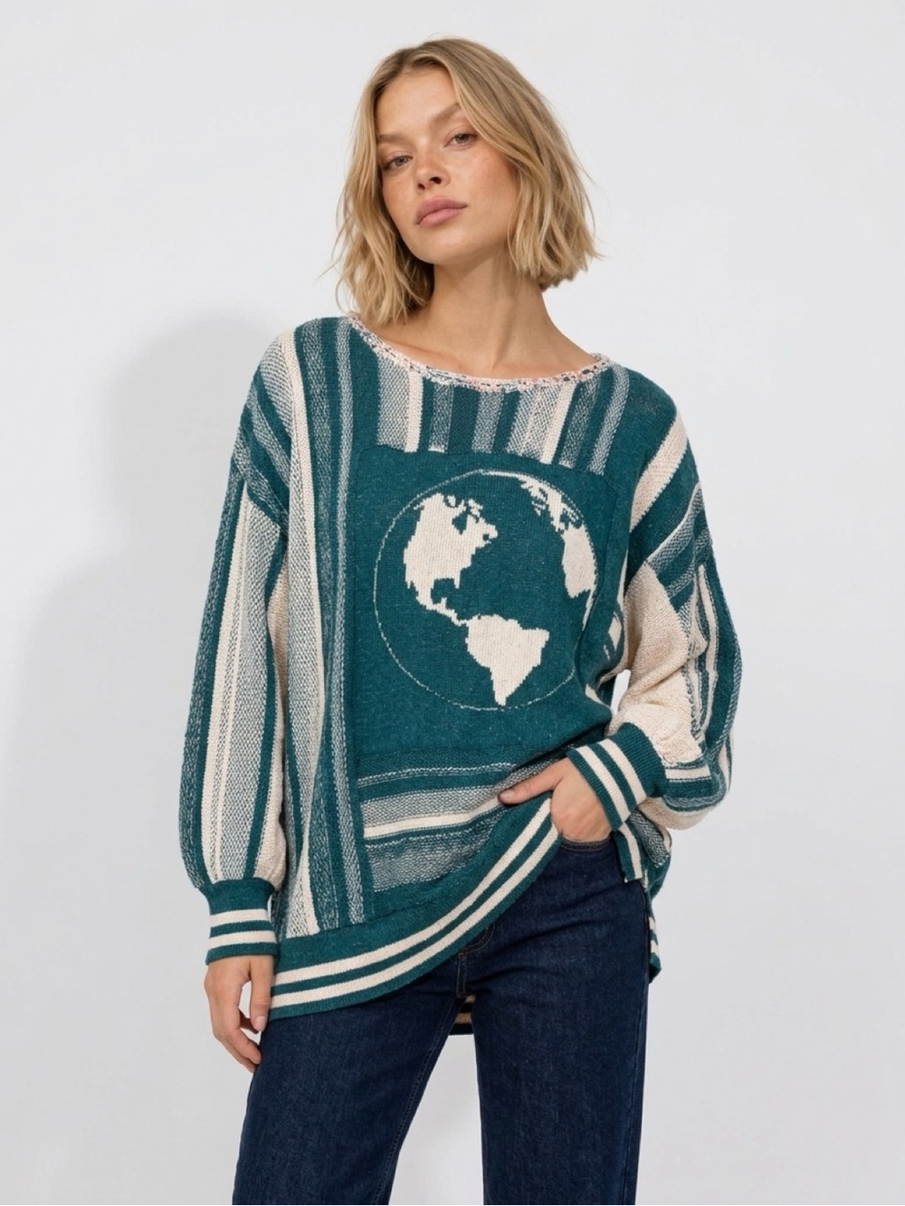 We The Free Teal & Cream Globe Knit Sweater - Picture 3 of 7